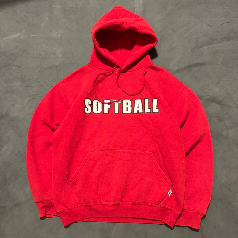 VTG Y2K Russell Athletic Softball Deep Red Heavyweight Pullover Hoodie Medium